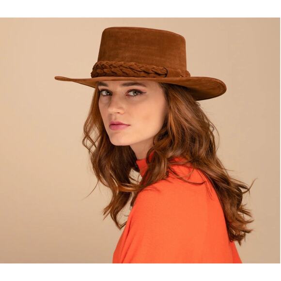 ASN Hat Deep Rust Fall Winter Fedora Hat Vegan Velour Wide Brim Medium 58cm $83 main image 11